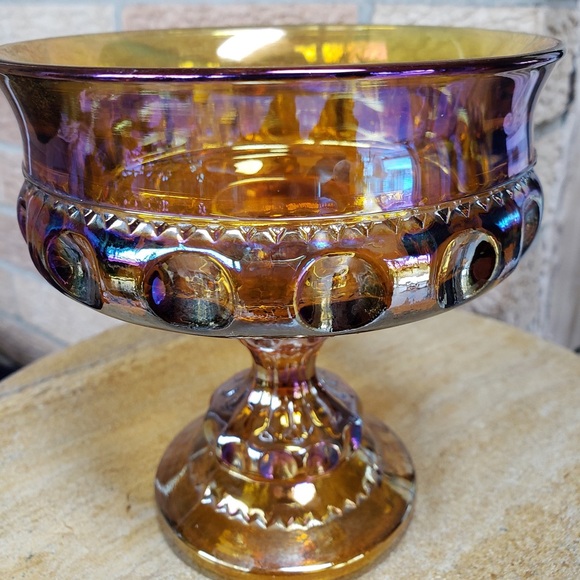 Kings Crown Compote Amber Gold Carnival Glass Thumbprint Candy Dish VTG - Picture 2 of 9